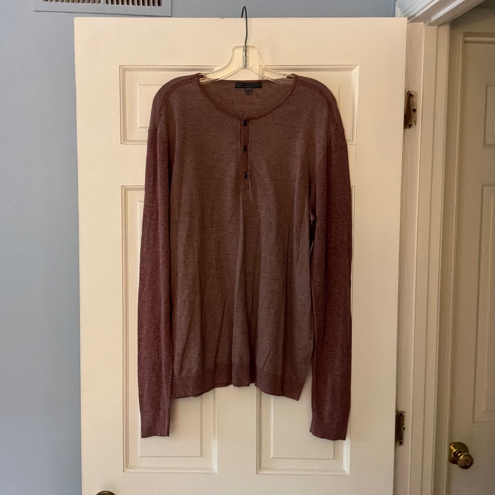 John Varvatos Henley Knit Top Brown Silk Linen XL Knit Shirt Designer Luxury